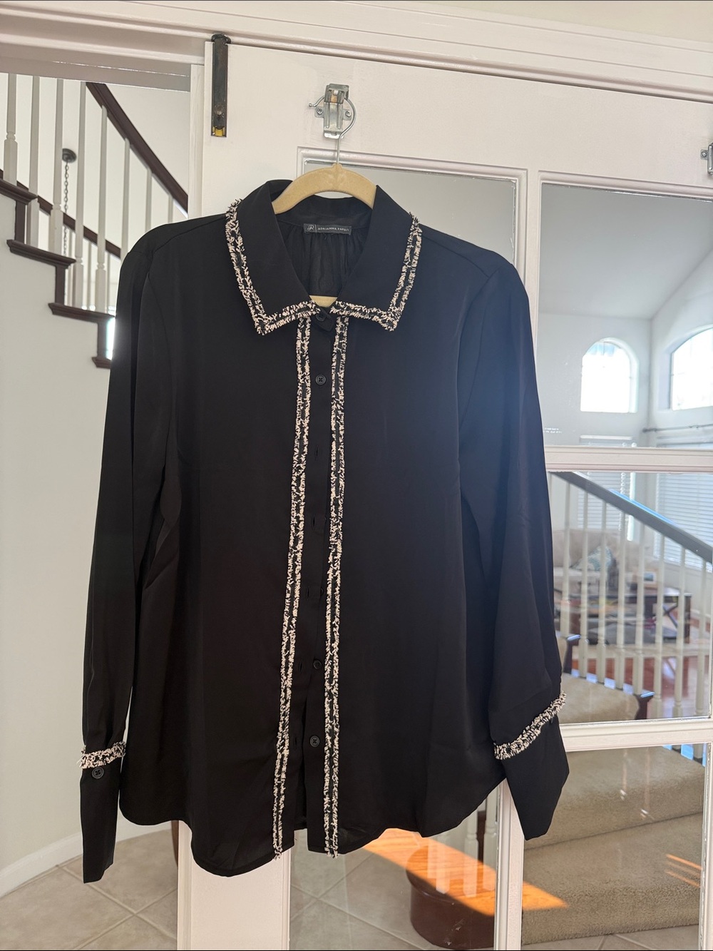 Adrianna Papell Size Large Black Silky Blouse with Cream Fringe Trim